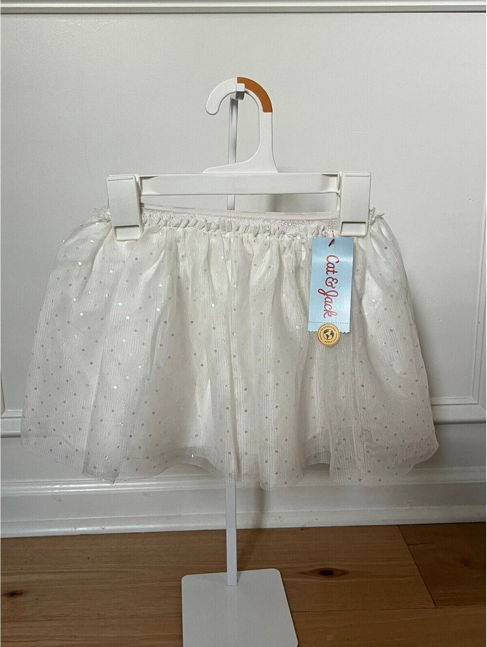 Cat & Jack Girls 4T White Tulle Tutu Skirt Glitter Polka Dot Pull-On